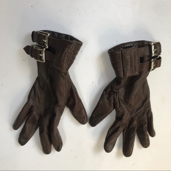 Michael Kors Moto Leather Gloves Buckles Lined Silver Hardware Small Brown Lined - Picture 1 of 11